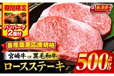 【最速便(10日以内に発送)】【期間・数量限定】畜産農家応援！宮崎県産黒毛和牛ロースステーキ250g×2・国産牛ハンバーグ100g×2個_M132-091-B2-10d