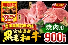 【最速便(10日以内に発送)】【期間・数量限定】畜産農家応援！宮崎県産 黒毛和牛 焼肉3種セット(肩ロース・ウデ・モモ 各300g)・国産牛ハンバーグ100g×2個_M132-030-B2-10d