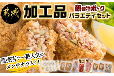 「観音池ポーク」加工品バラエティセット _ 24-7201_(都城市) ロース生ハム70g 豚バーグ100g2枚×2P 肉団子200g ウインナー100g×2P フランクフルト80g×2 生ハムモモ120g メンチカツ6個 チーズメンチカツ2個 おかず 惣菜