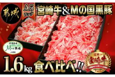 宮崎牛(A5)&都城産「Mの国黒豚」1.6kg食べ比べ!_MK-0106_(都城市) 国産黒毛和牛 宮崎牛 A5ランク 牛バラ切り落とし 300g×2  豚ウデ・豚モモ切り落とし 500g×2 バラ肉 切落し 炒め物 丼物