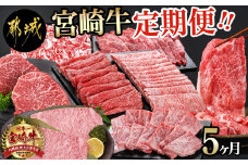 宮崎牛定期便(5ヶ月)_T60（5）-0102_(都城市) ブランド牛肉 国産黒毛和牛 赤身 バラ 切り落とし サーロインステーキ 焼肉 宮崎牛 5ヶ月間毎月お届け