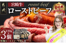 宮崎牛ローストビーフ 230g×3個_AF-2602_  (都城市) 国産黒毛和牛 都城産宮崎牛(A4ランク) ローストビーフ 230g×3個 特製ローストビーフタレ 80g×3個 ギフト 贈答用 おつまみ  ギャル曽根さんおすすめの牛肉返礼品 牛肉 モモ肉 丼 サンドイッチ アレンジ