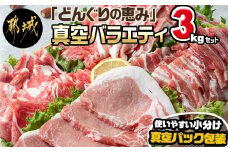 「どんぐりの恵み豚」真空バラエティ3kgセット_17-1101_(都城市) 銘柄豚肉 どんぐりの恵み ロースステーキ バラ焼肉 肩ローススライス モモ ウデ切落とし 200g 300g