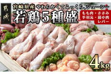 宮崎県産若鶏 5種盛4kgセット_AA-G302_(都城市) 鶏肉 モモ ささみ 手羽元 各1kg 肩小肉 レバー 各500g 冷凍
