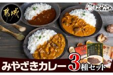 みやざきカレー3種セット※ポスト投函_LB-1502 _(都城市) レトルトカレー 宮崎県産 黒毛和牛カレー 観音池ポーク 豚ごぼうカレー 都城産しいたけとベーコンカレー 湯煎調理 アウトドア 食べ比べ 1人暮らし ポスト投函