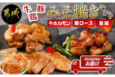 牛・豚・鶏ももみそ焼きセット(牛ホルモン・豚ロース・若鶏もも)≪みやこんじょ特急便≫_AA-I601-Q_(都城市) 国産 真空 牛ホルモンみそ焼き用 豚ロース肉みそステーキ用 若鶏ももみそ焼き用