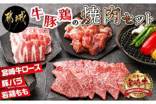 牛・豚・鶏の焼肉セット(宮崎牛ロース肉・豚バラ肉・若鶏もも肉)_AC-I601_(都城市) 宮崎県産 宮崎牛 ロースまたは肩ロース肉 宮崎県産豚 バラ肉 国産若鶏 もも肉 焼肉用