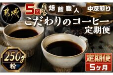 5回お届け!焙煎職人こだわりのコーヒー定期便【粉】250g 小分けパック(ジッパー・バルブ付) ※中深煎り※ポスト投函_TLA5-3301_(都城市) コーヒー 焙煎 粉 ジッパー バルブ付