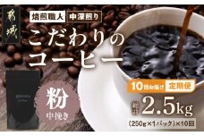 10回お届け!焙煎職人こだわりのコーヒー定期便【粉】250g 小分けパック(ジッパー・バルブ付) ※中深煎り※ポスト投函_TLA10-3301_(都城市) コーヒー 焙煎 粉 ジッパー バルブ付 250g 