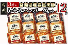 霧島黒豚 3種の煮込みハンバーグ 12個セット (デミグラスソース仕立て・和風おろしソース仕立て・大人の照焼きソース仕立て)_11-2803_(都城市) 脂身 厳選 霧島黒豚 じっくり 3種類 ソース ふっくら 煮込みハンバーグ 小分けセット！ ハンバーグ 豚肉
