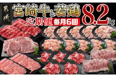 ≪全6回定期便≫宮崎牛と宮崎県産若鶏の定期便8.2kg_TAD6-I601_(都城市) 4等級 5等級 スライス ステーキ 焼肉 小間切れ 若鶏もも肉 皮なしむね肉