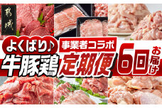 【事業者コラボ定期便】牛豚鶏よくばり6回定期便_T95-MY01_(都城市)宮崎牛 特選 6種盛 おいも豚 国産若鶏 赤身 切り落とし きなこ豚 南九州産若鶏 もも切身 むね ロース 肩ロース ヒレ ウデ バラ モモ しゃぶしゃぶ スライス 小間切れ 生姜焼き