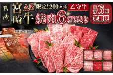 ≪限定200セット≫隔月6回お届け!【宮崎牛A5】焼肉6種盛り(乙守牛)_T192-6-6501_(都城市) 都城産宮崎牛 A5 焼肉6種盛 各100g ロース 肩ロース ウデ バラ モモ 赤身 モモ 霜降り 隔月6回お届け 定期便