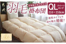 【充填量の多いタイプ・羽毛掛布団QL】ロイヤルゴールドラベル93%_134-J201_(都城市) クイーンロング ホワイトダックダウン 93%使用 タンポポの綿毛 ふわふわ ロイヤルゴールドラベル 羽毛ふとん 断熱保温材 天然コットン100% ダウンプルーフ キルト製法