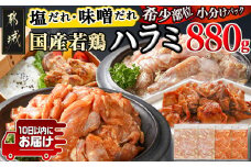 【希少部位】国産若鶏ハラミ味付け2種☆お試しセット☆880g小分け真空パック≪みやこんじょ特急便≫_LG-L602-Q_(都城市)  若鶏 ハラミ 味付け 塩だれ 味噌だれ 小分けパック 焼くだけ 簡単 調理 真空