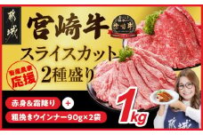 畜産農家応援! 宮崎牛スライス2種セット500g×2パック+粗挽きウインナー90g×2袋_17-N201-ESW-CF_(都城市) 1kg 赤身 霜降り 宮崎県産 宮崎牛 肩ロース ウデ又はモモ 牛肉 すき焼き キャンペーン