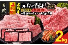 畜産農家応援! 宮崎牛しゃぶしゃぶ2種セット500g×4パック+粗挽きウインナー90g×2袋_32-N203-ESW-CF_(都城市)  黒毛和牛 赤身 霜降り 肩ロース ウデモモ 2kg しゃぶしゃぶ用 キャンペーン