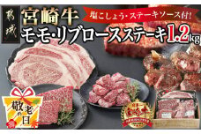 【敬老の日】宮崎牛モモ・リブロースステーキ1.2kgセット≪9月11日～15日お届け≫_AD-2510-KG_(都城市) ステーキ食べ比べ 都城産 宮崎牛 モモ 100g  サイコロステーキ 200g リブロースステーキ 300g 塩こしょう ステーキソース付