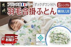 羽毛合掛ふとん フランス産グレーダック90%(柄BLUE)【S】≪みやこんじょ特急便≫_AI-E104-bl-Q_(都城市) 羽毛布団 寝具 抗菌防臭加工 ダウン SEKアレルGプラス加工 日本製 合い掛け布団 シングル