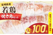 宮崎県産 若鶏 焼き鳥 合計100本 セット 9種 鶏肉 とり 鳥 国産 真空パック もも ねぎま 肩肉 せせり むね ハツ 砂肝 ハラミ ささみ おかず おつまみ 食品 簡単調理 焼肉 おすすめ 贈り物 ギフト 冷凍 宮崎県 日南市 送料無料_GD8-25