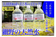【定期便・霧島連山天然水 年12回】ミネラルたっぷり天然中硬水 細野の天然水1,020ml×12本×12回（国産 ナチュラルウォーター ミネラルウォーター 天然水 水 中硬水 シリカ 美容 人気 霧島 宮崎 小林市 送料無料）