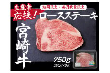【生産者応援！】宮崎牛ロースステーキ750g（250g×3枚 宮崎牛 和牛  国産 牛肉  霜降り ステーキ ロース 冷凍 送料無料）