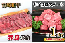【人気精肉店からお届け】宮崎和牛 赤身焼肉 ＆ 赤身サイコロステーキセット 計1kg（牛肉 和牛 黒毛和牛 赤身 焼肉 ステーキ サイコロ 人気）