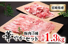 宮崎県産豚肉3種セット 計 1300g 小分け 豚すき焼き しゃぶしゃぶ 小間切れ ＜1.1-32＞★