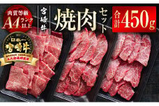 宮崎牛 焼肉セット  450g 小分け 3種食べ比べ  牛肉 焼肉 A4等級以上 内閣総理大臣賞4連覇 ＜1.5-205＞　　