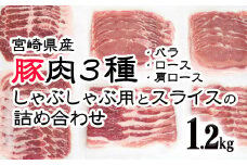 宮崎県産豚肉3種 小分け しゃぶしゃぶ用とスライスの詰め合わせセット1.2kg＜1.1-12＞