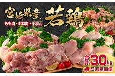 【5回定期便】合計30㎏ 宮崎県産若鶏もも肉 むね肉 手羽元6kg×5回 訳あり 国産鶏肉 12月31日終了＜7.5-1＞