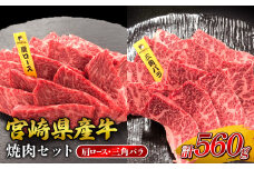宮崎県産 黒牛 焼肉 赤身 牛肉 焼肉セット 肩ロース 三角バラ 2点盛り 560g(280g × 2パック)焼肉用 肉 お肉 牛 国産牛 食べ比べ  セット 小分け 真空パック コスパ 冷凍 贈答 贈答用 ギフト BBQ アウトドア キャンプ 人気 国産 国産牛 九州 宮崎県 えびの市 送料無料