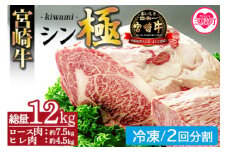 ＜宮崎牛『シン極(きわみ)』ロース肉約7.5kg、ヒレ肉約4.5kg (冷凍・2回分割)＞ 国産ブランド牛 牛肉 おすすめ 黒毛和牛 国産牛肉 和牛 人気 コスパ 定期便 量が多い 焼肉用 ステーキ 切り落とし すき焼き しゃぶしゃぶ【MI019-nk-i-02】【中村食肉】