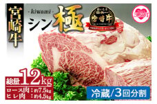＜宮崎牛『シン極(きわみ)』ロース肉約7.5kg、ヒレ肉約4.5kg (冷蔵・3回分割)＞ 国産ブランド牛 牛肉 おすすめ 黒毛和牛 国産牛肉 和牛 人気 コスパ 定期便 量が多い 焼肉用 ステーキ 切り落とし すき焼き しゃぶしゃぶ【MI019-nk-c-03】【中村食肉】