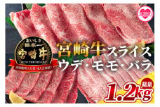 《毎月数量限定》＜宮崎牛（ウデ、モモ、バラ）のスライス 総量1.2kg＞国産ブランド牛 牛肉 おすすめ 宮崎牛 人気 コスパ 量が多い 牛モモ モモ 牛バラ バラ ウデ モモ ロース 肉 すき焼き しゃぶしゃぶ 切り落とし 焼肉【MI127-my】【ミヤチク】