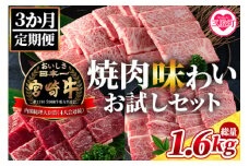 《毎月数量限定》＜【3ヶ月定期便】総重量1.6kgの宮崎牛焼肉味わいお試しセット＞＜総重量1.6kg＞国産ブランド牛 牛肉 おすすめ 黒毛和牛 国産牛肉 和牛 人気 コスパ 定期便 量が多い 焼肉用 ステーキ 切り落とし【MI243-my】【ミヤチク】