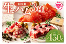 MI293-pl ＜生ハムバラエティー3種総量450g＞ 国産 豚肉 豚モモ 豚バラ 肩肉 生ハム スライス 切り落とし パンチェッタ 短冊 コッパスライス サラダ BBQ おつまみ お祝い 誕生日 結婚記念日 贈り物 熨斗 【株式会社プラス】