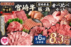 ＜【定期便全6回連続】宮崎牛と豚・鶏 食べ比べセット 約8.3kg＞  【レビューキャンペーン】  厳選 サーロイン 肩ロース ミスジ スライス ステーキ 若鶏 もも モモ むね ムネ 小間切れ A4ランク ブランド牛 希少部位 冷凍食品【MI633-mk】【まきの屋】