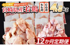＜宮崎県産若鶏切身 4.8kg（むね肉 300g×8袋 もも肉 300g×8袋）12か月定期便＞ 入金確認後、翌々月までに第一回目発送【 セット 詰め合わせ からあげ 唐揚げ カレー シチュー BBQ 煮物 チキン南蛮 小分け おかず おつまみ お弁当 惣菜 時短 炒め物 簡単料理 】