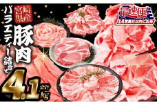 ＜豚肉バラエティー詰合せセット 4.1kg＞入金確認後、14営業日以内に出荷【 国産 宮崎県産 ぶた にく 精肉 とんかつ トンカツ 焼肉 焼き肉 スライス 小間切れ 豚こま 詰め合わせ 6種類 肩ロース ウデ ミヤチク 宮崎県 国富町 】