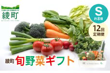 【12回定期便】綾町旬野菜ギフト〈 Sサイズ/約8種 〉1～2人分 産地直送 野菜セット 詰め合わせ 新鮮 有機栽培 採れたて 人参 トマト じゃがいも 玉ねぎ きゅうり さつまいも 芋 ねぎ 小松菜 大根 ほうれん草 キャベツ キノコ等 送料無料 【オーガニックのまち 宮崎県綾町】