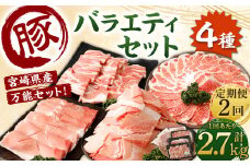 ＜【2回定期便】宮崎県産豚 バラエティセット 計2.7kg＞お申込みの翌月下旬頃に第一回目発送（12月は中旬頃） バラエティセット 4種 合計5.4kg 豚バラ焼肉 豚ロースor肩ローススライス 豚モモスライス 豚小間切れ 豚ロース 肩ロース 豚肉 豚 肉 精肉 料理 宮崎県産 宮崎県 宮崎 みやざき 高鍋町 定期便 冷凍