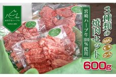 ＜宮崎ハーブ牛＞合計600g（3種類の焼肉セット）※90日以内出荷【B364】