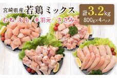 小分けで便利！宮崎県産 若鶏お楽しみセット 合計3.2kg（むね・もも・手羽元・ささみ 各800g）【A227】