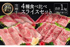 ＜肉質等級4等級＞宮崎牛 4種 食べ比べ スライス セット（各250g×4パック）合計1kg 国産 肉 牛肉 ご飯 おかず【D118-30】