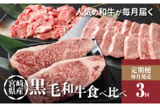 宮崎県産黒毛和牛食べ比べ定期便【3か月定期便】K16_T006_1