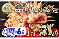 【６ヶ月定期便】 宮崎県産若鶏 やきとり 人気部位串セット＆ネギまセット 計51本【 鶏肉 肉 焼き鳥 人気部位 宮崎県 宮崎県川南町 】