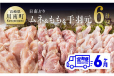 【6ヶ月定期便】宮崎県産若鶏　日南どり　もも肉＆むね肉＆手羽元　計6kg（各2㎏×1） 【 ふるさと納税 鶏肉 鶏 若鶏 もも むね 手羽元 セット 宮崎県産 川南町 おうち時間 おうちごはん 定期便 送料無料 】