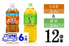 【6ヶ月定期便】伊藤園 むぎ茶（2L）＆緑茶（2L）(PET）12本 【 飲料類 お茶 麦茶 緑茶 PET セット 詰め合わせ 飲みもの 全6回 】