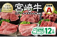 【12ヶ月定期便】宮崎牛定期便（ すきしゃぶ ・ 焼肉 ・ ステーキ ） 全12回【 肉 牛肉 国産 宮崎県産 宮崎牛 黒毛和牛 和牛 焼肉 しゃぶしゃぶ すきしゃぶ 焼しゃぶ ステーキ 4等級 A4ランク 】